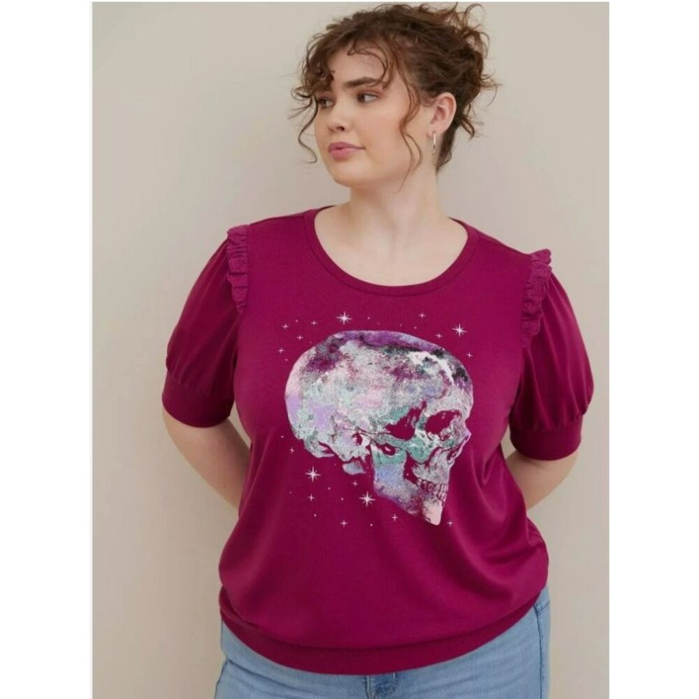 Torrid Skull Graphic Terry Sweatshirt sz 5X Short Sleeve Ruffle Goth Grunge BOHO